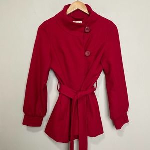 Forever 21 Mock Neck Balloon Sleeve Vintage Inspired Coat Red S